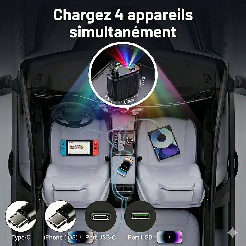 2 IN 1 Chargeur voiture 120W + ambiance étoilée